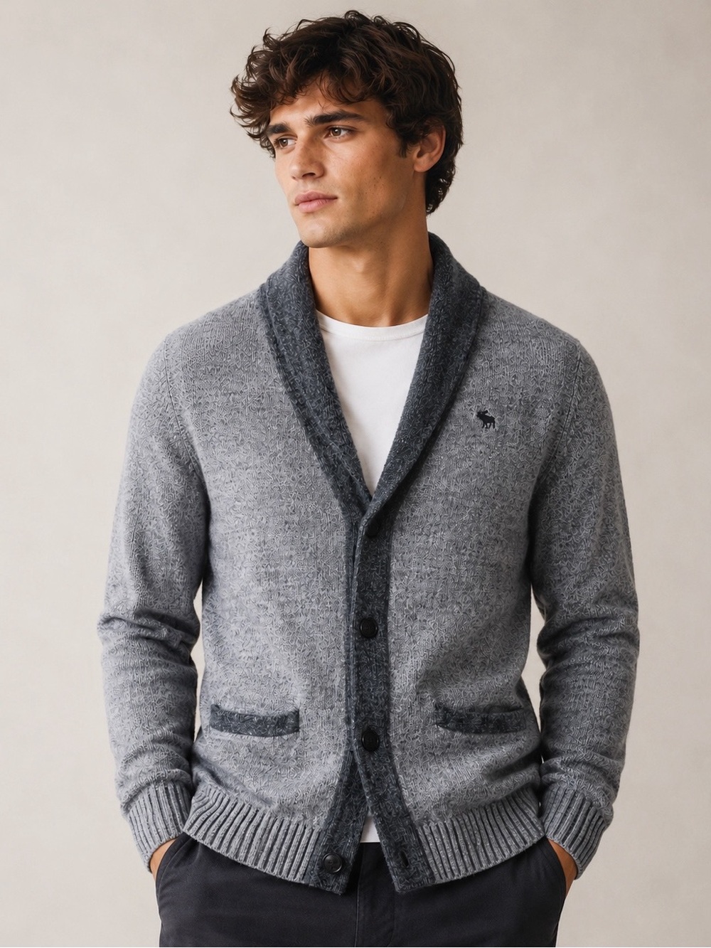 Y2K Abercrombie & Fitch Men Gray Button Down Knit Cardigan Sweater MEDIUM Preppy